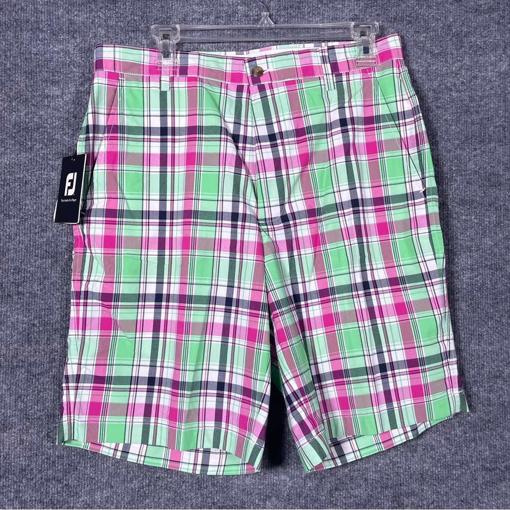 FootJoy FJ NWT Men’s 32 Madras Berry Mint Plaid Flat Front Golf Shorts Preppy‎